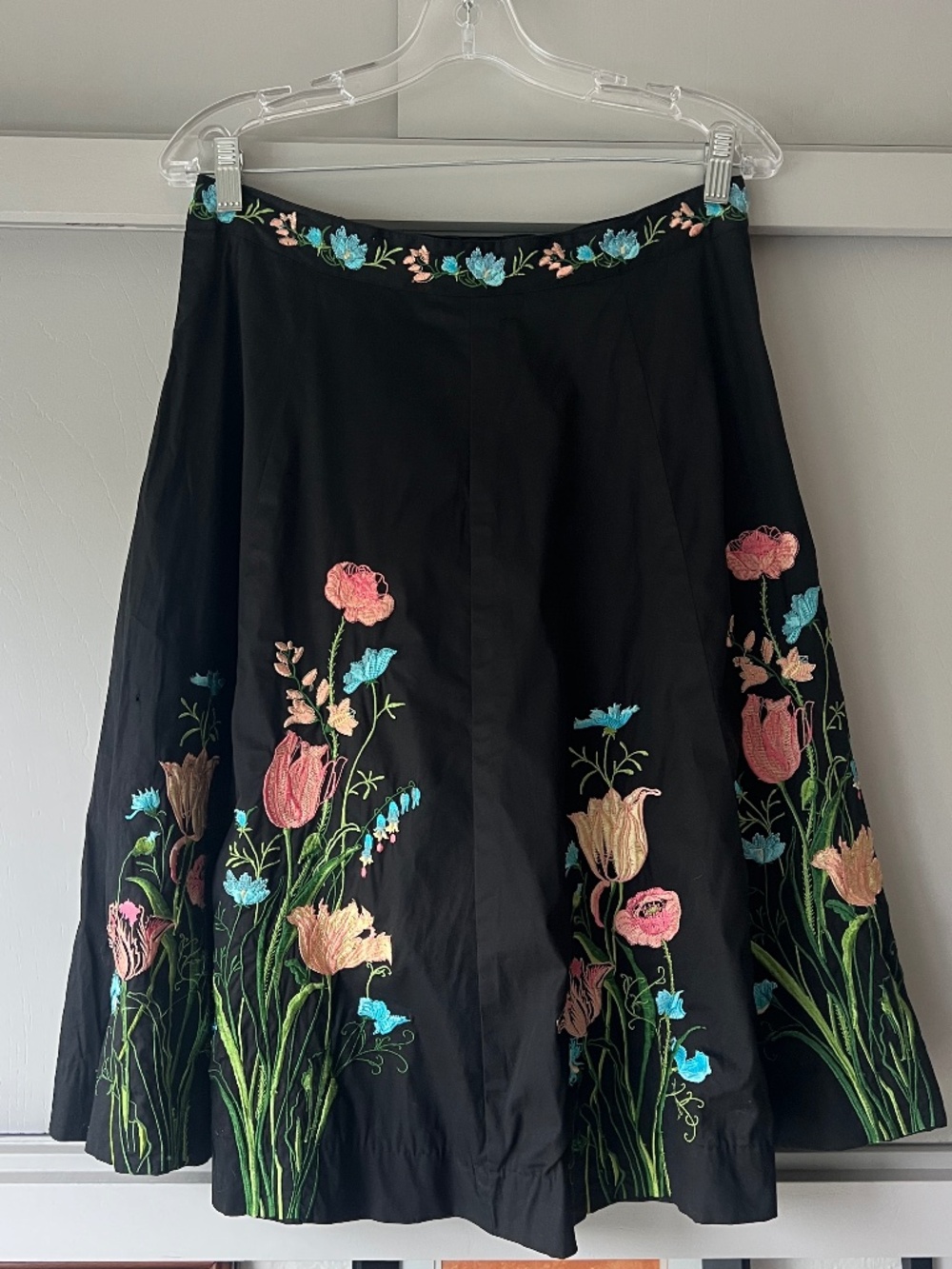 Anthropologie Basile & Maude Black Floral Embroidered Flared Midi Skirt 4